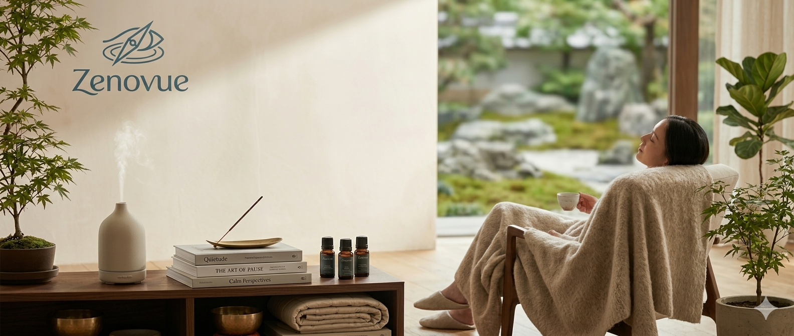 Person sitting in a cozy room with Zenovue branding, surrounded by plants and a view of a garden.